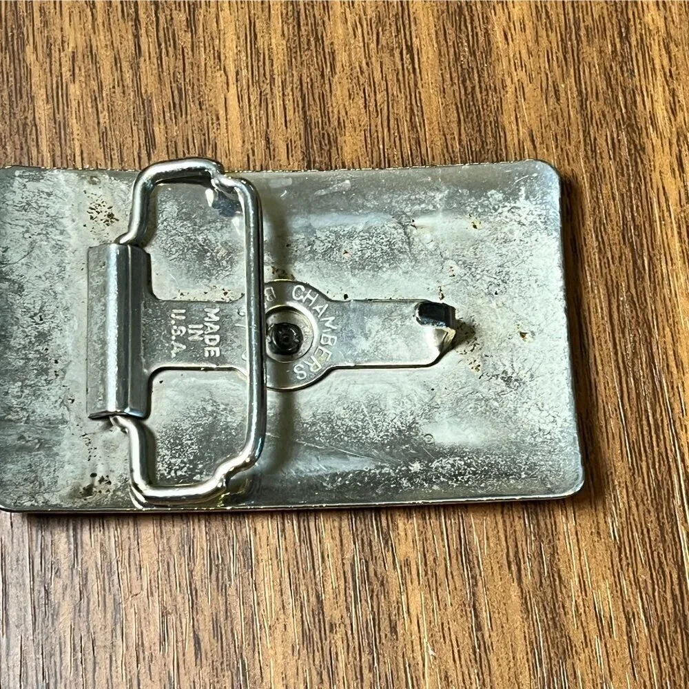 Western Metal Belt Buckle Saddle Embossed‎ Chrome USA Cattle Ranch Two Tone 80s